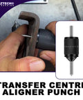 Close-up of Universal Transfer Center Aligner Center Punch Set Of 2 Hardened Pins used for precise center hole marking on metal.
