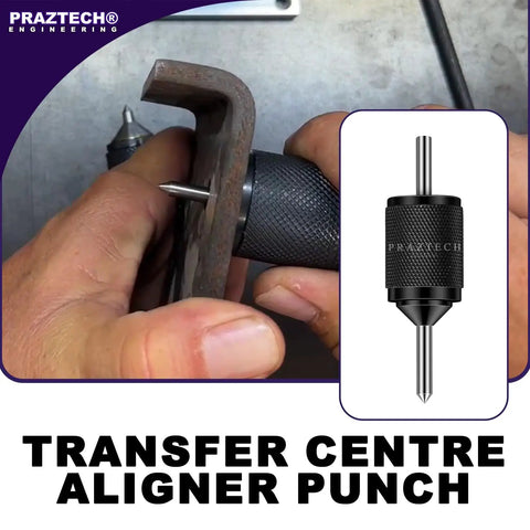 Close-up of Universal Transfer Center Aligner Center Punch Set Of 2 Hardened Pins used for precise center hole marking on metal.