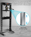Heavy Duty 20 Ton H Frame Hydraulic Shop Press With Bearing Installation Kit And Adjustable Work Table For U Joint Repair Metal Bending Straightening Tough As Nails Shop Rig Black showing stable structure and high quality precision springs.