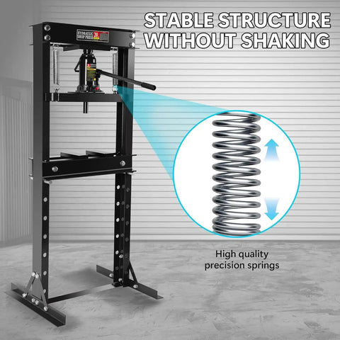 Heavy Duty 20 Ton H Frame Hydraulic Shop Press With Bearing Installation Kit And Adjustable Work Table For U Joint Repair Metal Bending Straightening Tough As Nails Shop Rig Black showing stable structure and high quality precision springs.