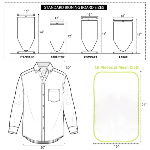 Diagram with ironing board sizes and 10 Pack Mesh Ironing Cloths 24x16 Inches Large Pressing Pads for shirts and delicates