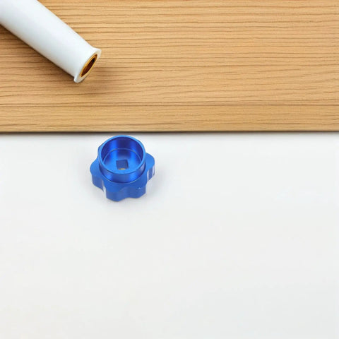 Round Wheel Handwheel Replacement For Exterior Faucet And Outdoor Spigot, blue aluminum knob with 6.6mm square hole shown on white surface