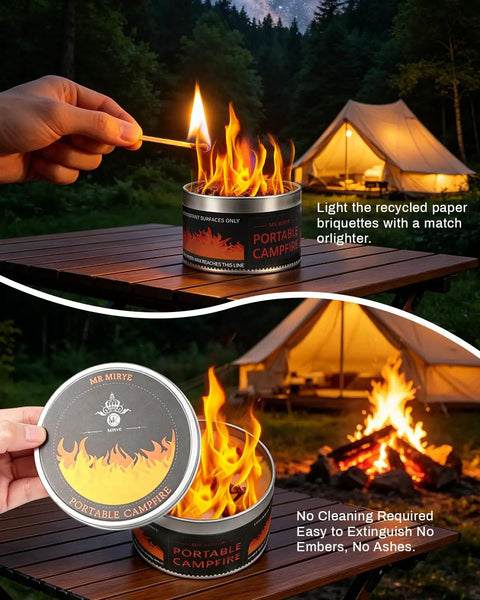 Portable S'mores Fire Pit For Outdoor Fun, 3-5 Hour Burn Time, lightweight mini fire pit used on table with tent setup