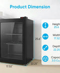 3.0 Cu Ft Upright Freezer With Clear Glass Door Sleek Black Cabinet showing product dimensions 25.6'' height, 17.52'' width, 22.25'' depth.