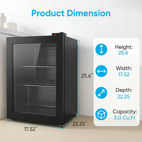 3.0 Cu Ft Upright Freezer With Clear Glass Door Sleek Black Cabinet showing product dimensions 25.6'' height, 17.52'' width, 22.25'' depth.