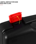 Rugged Portable PP Plastic Toolbox With Heavy Duty Handle And Quick Release Latches showing red quick release latch for easy opening.