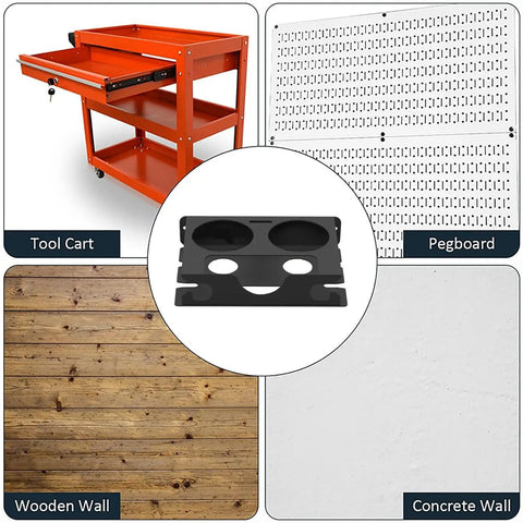 Iron Build Spray Bottle Rack Wall Mount Organizer for garage or shop shown with tool cart, pegboard, wooden, and concrete walls.