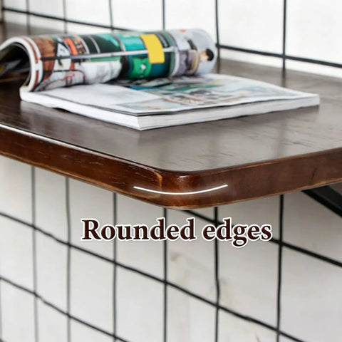 Rounded edge of Folding Wall Desk With Solid Wood Board And Two Iron Brackets, 2.8cm Thick, Your Go-To Space Saver For Home Office Or Cafe