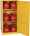 Top Shelf 60 Gallon Flammable Liquid Storage Cabinet With Manual Close Doors Double Wall Steel Construction For Garage Shop Hazardous Material Organization Gear Built Different And Ready To Handle Anything, showing red safety cans inside.