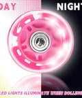 Day and night view of a rosy 8 Pack 64mm inline skate wheel with ABEC-7 bearing, LED lights, for indoor outdoor use