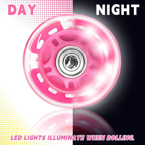Day and night view of a rosy 8 Pack 64mm inline skate wheel with ABEC-7 bearing, LED lights, for indoor outdoor use