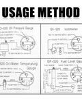 Diagram showing usage method for Two Inch 12V Fuel Gauge Kit With Nut And Bracket 240 to 33 Ohm Boat Gauge with wiring instructions.