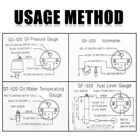 Diagram showing usage method for Two Inch 12V Fuel Gauge Kit With Nut And Bracket 240 to 33 Ohm Boat Gauge with wiring instructions.