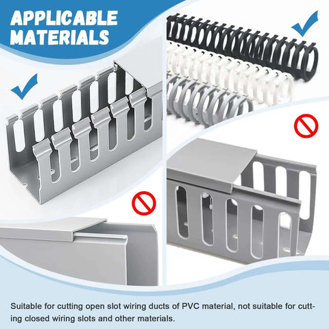 PVC Wire Duct Cutter Tool For Open Slot Duct And Cover Cutting, 45 Degree And 90 Degree Angles shown with suitable materials