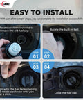Toyota Fuel Tank Filler Cap Replacement installation steps shown with images of hands installing cap on Corolla, Camry, Sienna, and others.