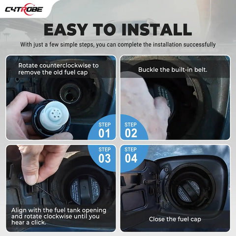Toyota Fuel Tank Filler Cap Replacement installation steps shown with images of hands installing cap on Corolla, Camry, Sienna, and others.