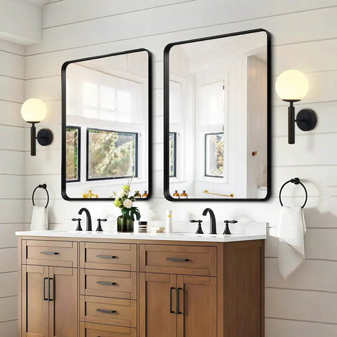 Set of 2 Dope Black Globe Wall Sconces With Milk Glass Shades Modern Farmhouse Mid Century Wall Lights for Bathroom over mirror