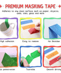 Collage of Colorful Masking Tape Set Six 1 Inch By 40 Feet Rolls In Blue Green Red Yellow Orange Purple Perfect For Crafts Labeling Coding DIY Decor And Painting Projects showing adhesion, removal, and writing features.
