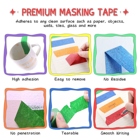 Collage of Colorful Masking Tape Set Six 1 Inch By 40 Feet Rolls In Blue Green Red Yellow Orange Purple Perfect For Crafts Labeling Coding DIY Decor And Painting Projects showing adhesion, removal, and writing features.