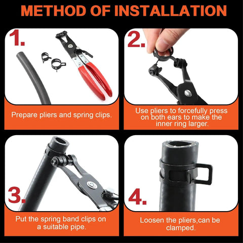 Installation method of 352-Piece Spring Band Hose Clamp Kit For Automotive And DIYers shown step-by-step with tools and clamps.