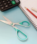All Purpose Craft Scissors Set For Office And Home Four Pack Six Point Eight Inch And Eight Inch Sharp Stainless Steel Blades With Soft Grip Handles Everyday Workhorse Tools For Paper Cardboard Fabric Tape Packages And More, 6.8 inch scissors on a desk with a notebook and calculator