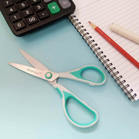 All Purpose Craft Scissors Set For Office And Home Four Pack Six Point Eight Inch And Eight Inch Sharp Stainless Steel Blades With Soft Grip Handles Everyday Workhorse Tools For Paper Cardboard Fabric Tape Packages And More, 6.8 inch scissors on a desk with a notebook and calculator