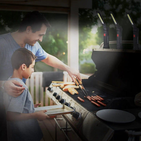 Father and son grilling with Go To LED Rechargeable Work Light Kit With Magnetic Base And 360 Degree Rotation Dope 6 Pack COB Flashlights