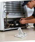 Technician working on refrigerator with Heavy Duty Metal Refrigerator Door Hinge Replacement Kit For Freezer And Kitchen Cooling No Sweat DIY Swap Double Pack To Keep Your Groceries Chillin Tough visible.