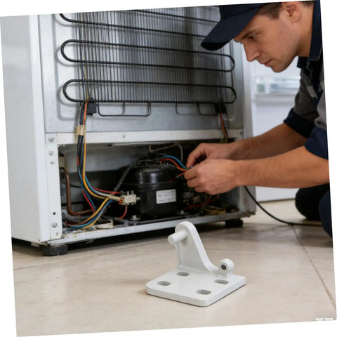 Technician working on refrigerator with Heavy Duty Metal Refrigerator Door Hinge Replacement Kit For Freezer And Kitchen Cooling No Sweat DIY Swap Double Pack To Keep Your Groceries Chillin Tough visible.