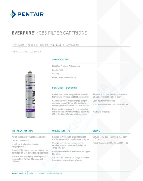 4CB5 Cartridge OEM Replacement for Commercial Water Filtration System 9617-16 shown in specification sheet with technical details.