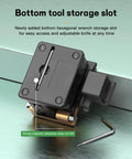 Image of the Beast Mode Fiber Optic Cleaver with bottom tool storage slot, including hexagonal wrench and adjustable knife.