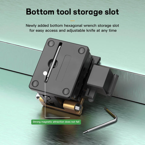 Image of the Beast Mode Fiber Optic Cleaver with bottom tool storage slot, including hexagonal wrench and adjustable knife.