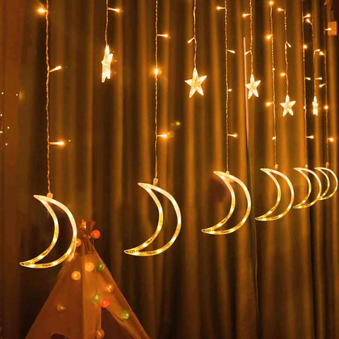Ramadan Curtain Fairy Lights With Remote, 138 LED 8.2ft By 3.2ft Star And Moon Shaped String Lights, Warm White, Chill Vibes