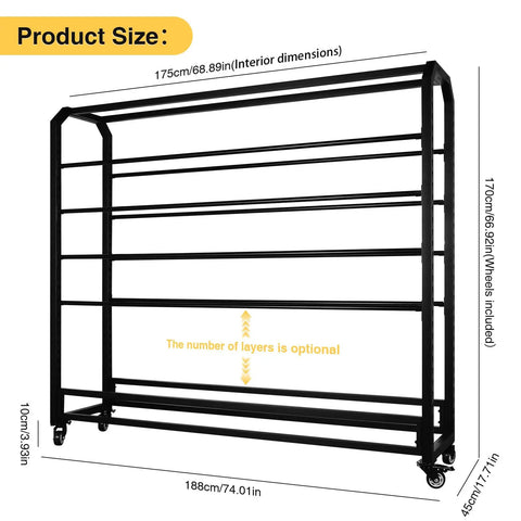 Adjustable Hanging Rod Bracket Floor To Ceiling Display Rack for quilting fabric storage, black steel, dimensions labeled for size