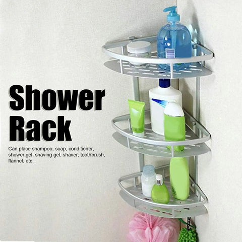 Three Tier Corner Shower Shelf Wall Mount Organizer With Drainage Design Aluminum Rack For Shower Toilet And Kitchen Hollow Carved Base Drains Fast Includes Hardware Kit, wall-mounted in corner