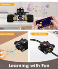 All Terrain Robot Tank Kit For Kids Ages 8 To 12 Arduino Scratch And Python Compatible STEM Toy With Rugged Tracks Remote App Control showing music, obstacle avoidance, and line following