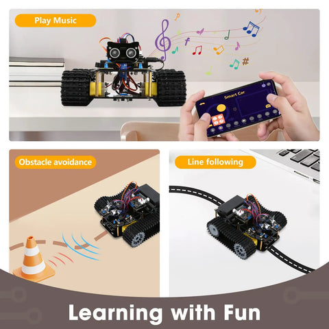 All Terrain Robot Tank Kit For Kids Ages 8 To 12 Arduino Scratch And Python Compatible STEM Toy With Rugged Tracks Remote App Control showing music, obstacle avoidance, and line following