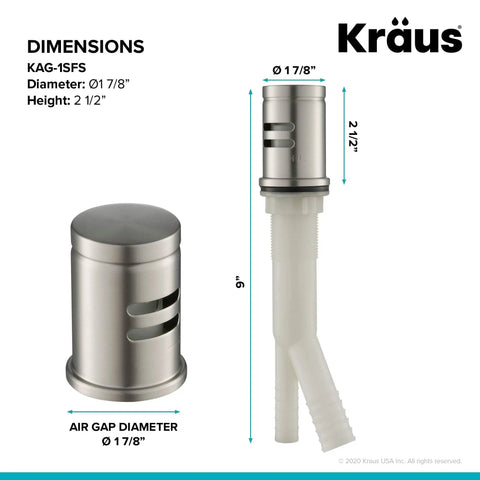 Dishwasher Air Gap Kit in Spot Free All-Brite Stainless Steel Keeps Your Dishes From Backing Up, Prevents Wastewater Contamination, Easy Install, 9 Inch Overall Height, Includes Air Gap Kit, Model KAG-1SFS with dimensions and materials shown.