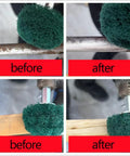Comparison of metal and wood surfaces before and after using Six Pack Non Woven Abrasive Drill Buffing Wheel Set With 1/4 Inch Shank