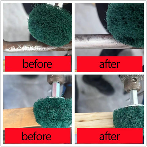 Comparison of metal and wood surfaces before and after using Six Pack Non Woven Abrasive Drill Buffing Wheel Set With 1/4 Inch Shank