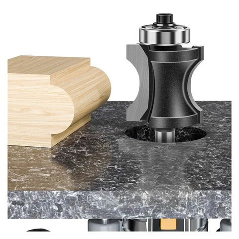 Solid Half Round Router Bit For Woodworking With 6mm 12mm Or 1/4 Inch Shank positioned above curved wood edge on work surface.