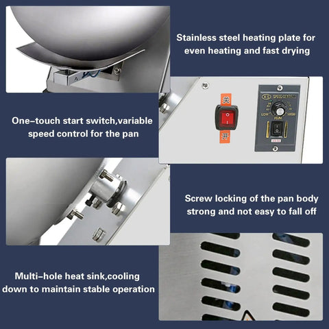 Control panel of Hella Effective Candy Coating Machine And Chocolate Polisher with stainless steel heating plate and speed control.
