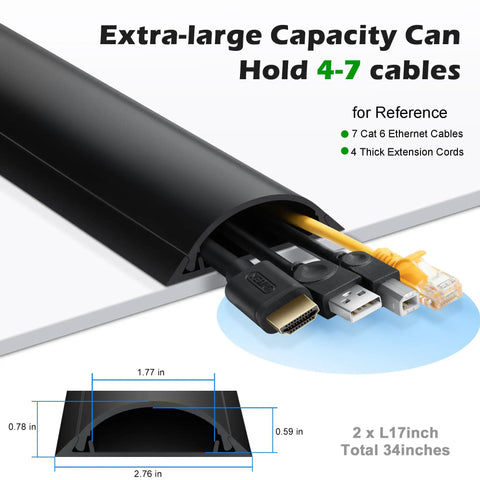 Beefy Floor Cord Cover 34In Two 17In Sections Thick 2.5 mm Hard PVC Cable Management Raceway Large Capacity Black Cord Protector for Flat Floors