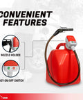 5th Gen Fuel Transfer Pump With Overfill Protection 2.7 GPM Universal Gas Can Adapter shown attached to a red gas can.