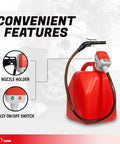 Next Gen Gas Can Pump with Ergonomic Non Spill Auto Stop Nozzle and Vinyl Discharge Hose shown attached to red fuel container.