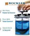 Hands using Gallon Paint Can Pour Spout Lid With Pistol Grip For Mess Free Stir Pour And Store Easy Twist to mix blue paint