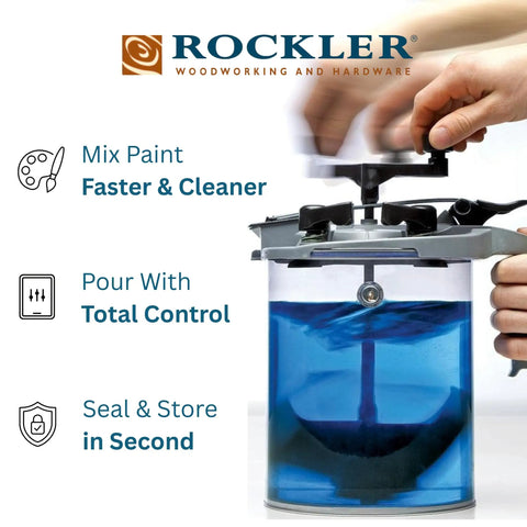 Hands using Gallon Paint Can Pour Spout Lid With Pistol Grip For Mess Free Stir Pour And Store Easy Twist to mix blue paint