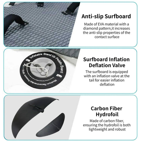 Features of Go-To Wind Wingfoil And Hydrofoil Board Kit with anti-slip EVA surfboard, inflation valve, and carbon fiber hydrofoil