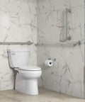 18 Inch Grab Bar With 300 Lb Load Capacity, Polished Chrome, Heavy Duty Bathroom Safety Rail That Coordinates With Transitional Style Faucets And Showers installed in modern bathroom with marble tiles.