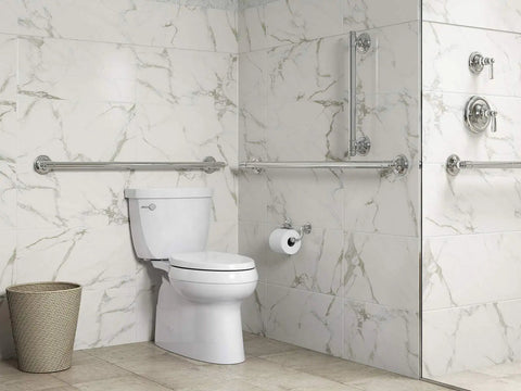 18 Inch Grab Bar With 300 Lb Load Capacity, Polished Chrome, Heavy Duty Bathroom Safety Rail That Coordinates With Transitional Style Faucets And Showers installed in modern bathroom with marble tiles.